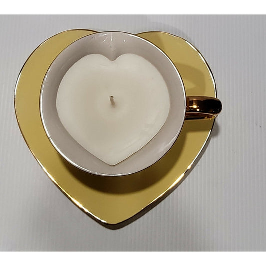 Teacup Candle - Candle in a Teacup - Heart Soy Candle -Yellow/Gold - Peony & Lilac Fragrance - AMD Touring