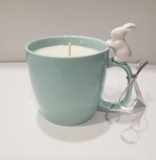 Teacup Candle - Bunny Mug -Soy Candle -Teal with white bunny - Easter- Hot Cross Buns - AMD Touring